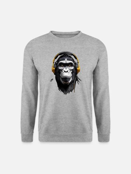 DJ Monkey: Musikmacher Affe mit Kopfhörer - Unisex Pullover - Weißgrau meliert