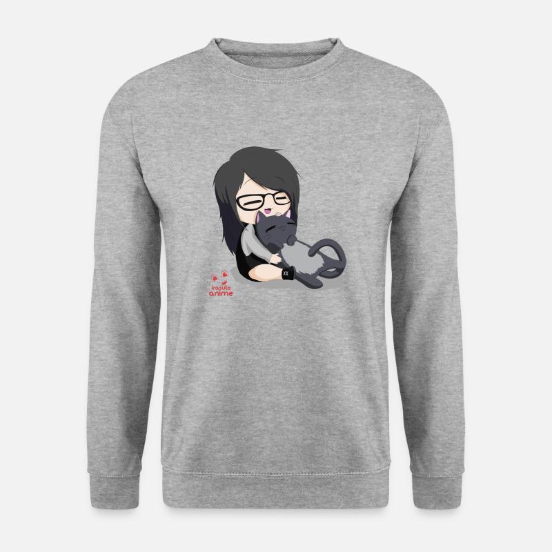 Anime Chibi Girl und Neko - Unisex Pullover - Weißgrau meliert