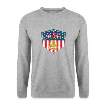 USA, Sterne und Gürtel - Unisex Pullover - Weißgrau meliert - Vorne - Alina (178cm) & Michal (187cm)