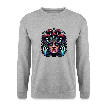 Mystische Pilz-Frau - Unisex Pullover - Weißgrau meliert - Vorne - Alina (178cm) & Michal (187cm)