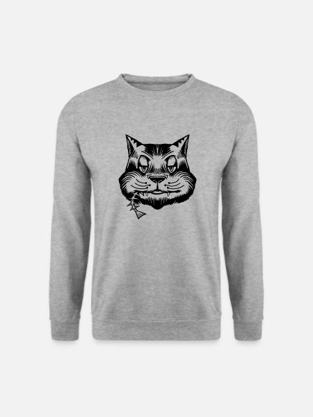 Katze frisst Fisch (Katzengesicht, Lustige Bilder) - Unisex Pullover - Weißgrau meliert