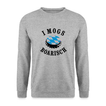BAYERN, I MOGS BOARISCH, KRONKORKEN MIT RAUTE - Unisex Pullover - Weißgrau meliert - Vorne - Alina (178cm) & Michal (187cm)