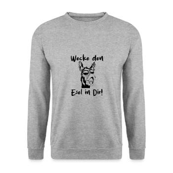 Wecke den Esel in dir - solo schwarze Schrift - Unisex Pullover - Weißgrau meliert - Vorne - Alina (178cm) & Michal (187cm)
