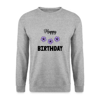 HAPPY BIRTHDAY. JOYEUX ANNIVERSAIRE. ANNIVERSAIRE. - Sweat-shirt Unisexe - gris chiné - Devant - Alina (178cm) & Michal (187cm)