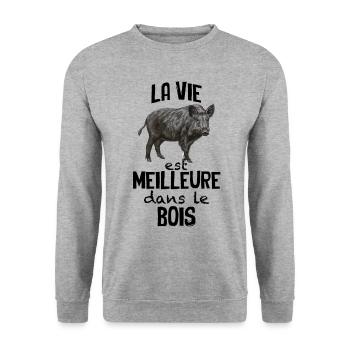 Chasse Homme La Vie Dans Le Bois Papa Chasseur - Sweat-shirt Unisexe - gris chiné - Devant - Alina (178cm) & Michal (187cm)