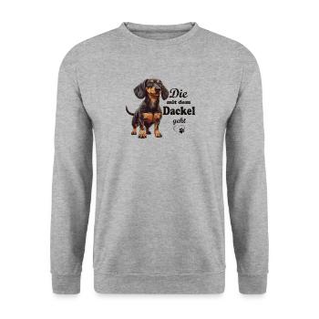 mit dem Dackel gehen - Hunderasse Dackel - Dackel - Unisex Pullover - Weißgrau meliert - Vorne - Alina (178cm) & Michal (187cm)