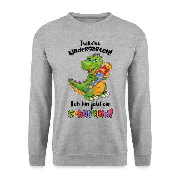 Tschüss Kindergarten, ich bin ein Schulkind Dino - Unisex Pullover - Weißgrau meliert - Vorne - Alina (178cm) & Michal (187cm)