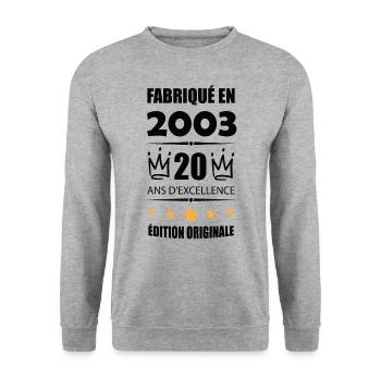 Vintage 2003 20Ans Anniversaire Cadeau Homme Femme - Sweat-shirt Unisexe - gris chiné - Devant - Alina (178cm) & Michal (187cm)