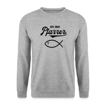 Pfarrer est 2025 Fisch Symbol Christentum Kirche - Unisex Pullover - Weißgrau meliert - Vorne - Alina (178cm) & Michal (187cm)