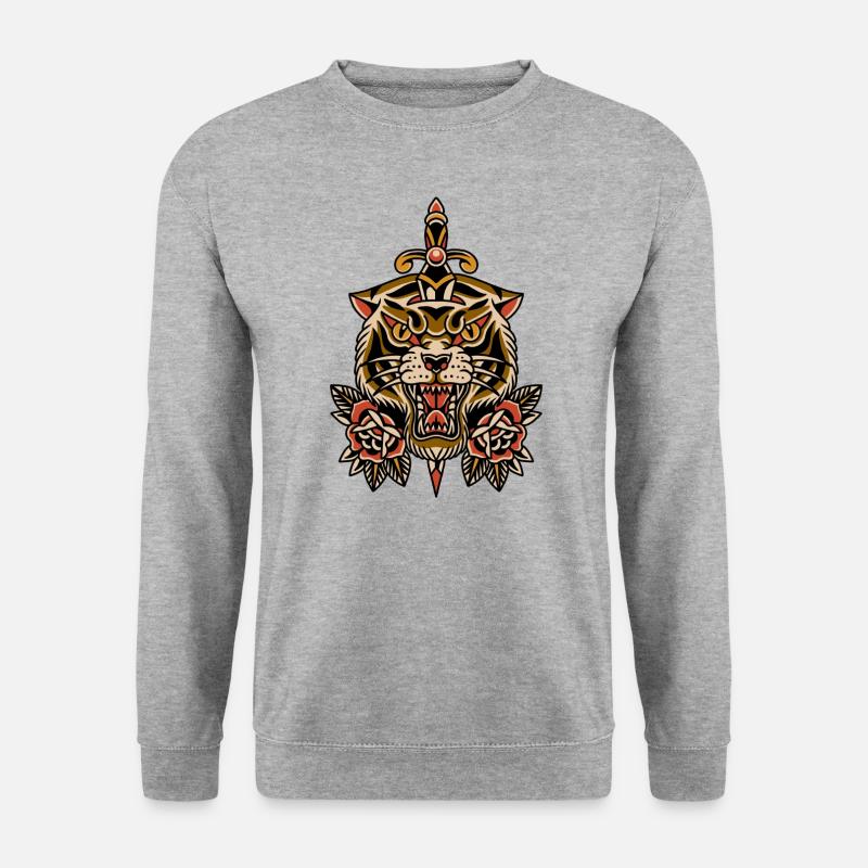 Old school tattoo design tiger sword roses - Unisex Pullover - Weißgrau meliert