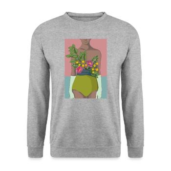 Frau mit Blumengürtel - Unisex Pullover - Weißgrau meliert - Vorne - Alina (178cm) & Michal (187cm)
