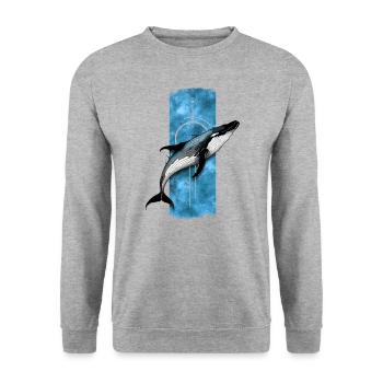 Himmelblauer Leviathan: Blauwal-Majestät - Unisex Pullover - Weißgrau meliert - Vorne - Alina (178cm) & Michal (187cm)