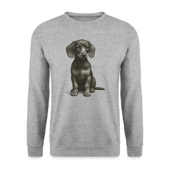 "Kleines Schlappohr" - Welpe Dackel - Unisex Pullover - Weißgrau meliert - Vorne - Alina (178cm) & Michal (187cm)