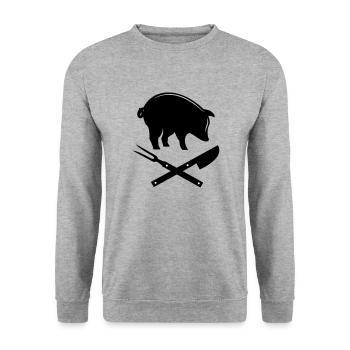 Grillen Gabel Messer Schwein Fleisch Steak Meister - Unisex Pullover - Weißgrau meliert - Vorne - Alina (178cm) & Michal (187cm)