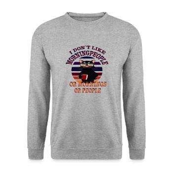 Morgenmuffel Kaffee Katze Motiv - Unisex Pullover - Weißgrau meliert - Vorne - Alina (178cm) & Michal (187cm)