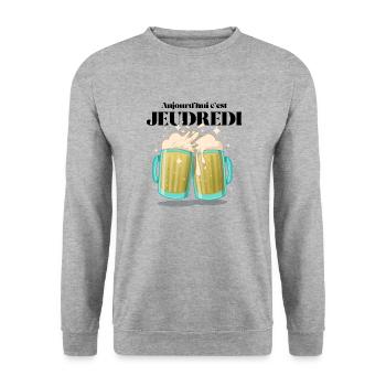 Cadeau humoristique "Aujourd'hui c'est JEUDREDI" - Sweat-shirt Unisexe - gris chiné - Devant - Alina (178cm) & Michal (187cm)