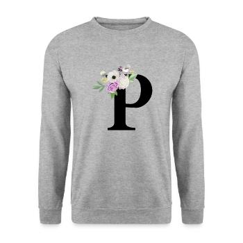 Lila Blumenbuchstabe p - Unisex Pullover - Weißgrau meliert - Vorne - Alina (178cm) & Michal (187cm)