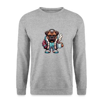 Bulldogge in Pyjama und Schal mit Kaffeetasse - Unisex Pullover - Weißgrau meliert - Vorne - Alina (178cm) & Michal (187cm)