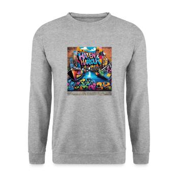 Haven Harbour Hafen Grafitti - Unisex Pullover - Weißgrau meliert - Vorne - Alina (178cm) & Michal (187cm)