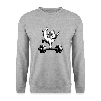Pitbull Hund Hantel Workout Balancieren Handstand - Unisex Pullover - Weißgrau meliert - Vorne - Alina (178cm) & Michal (187cm)