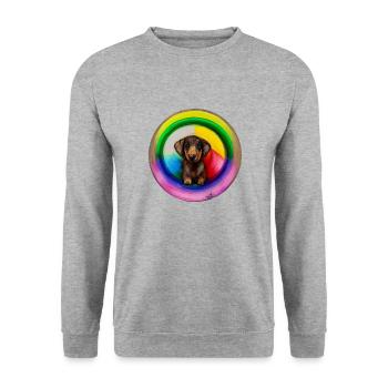 Dackel im Regenbogendesign - Unisex Pullover - Weißgrau meliert - Vorne - Alina (178cm) & Michal (187cm)