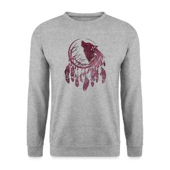 Traumfänger, Wolf, Mond, Natur, Baum, Tribal Stil - Unisex Pullover - Weißgrau meliert - Vorne - Alina (178cm) & Michal (187cm)