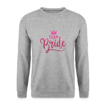 JGA-Style: "Team Bride" in glitzerndem Pink! - Unisex Pullover - Weißgrau meliert - Vorne - Alina (178cm) & Michal (187cm)