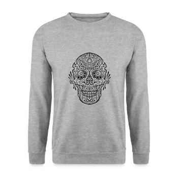 Totenkopf Mandala - Unisex Pullover - Weißgrau meliert - Vorne - Alina (178cm) & Michal (187cm)