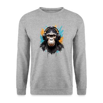 DJ Monkey: Musikmacher Affe mit Kopfhörer - Unisex Pullover - Weißgrau meliert - Vorne - Alina (178cm) & Michal (187cm)