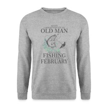 Birthday Angler Shirt alter Mann Februar geboren - Unisex Pullover - Weißgrau meliert - Vorne - Alina (178cm) & Michal (187cm)