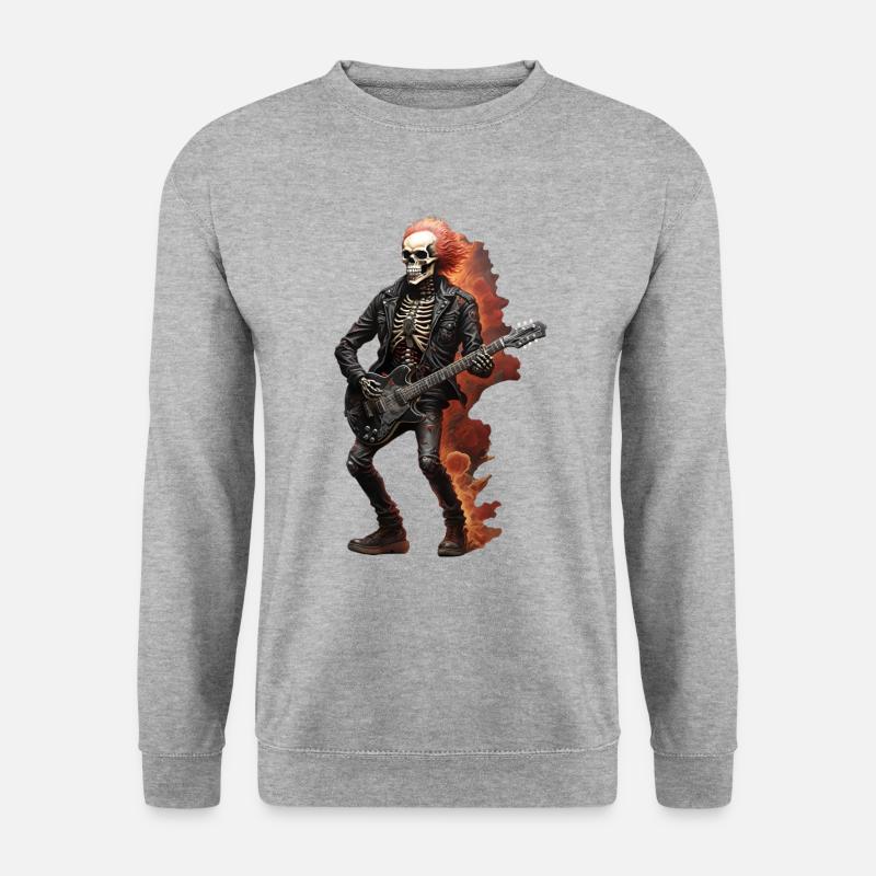 Brennendes Skelett mit schw Jacke und Gitarre - Unisex Pullover - Weißgrau meliert