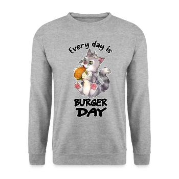 Every Day is Burger Day - Lustige Katze Essen - Unisex Pullover - Weißgrau meliert - Vorne - Alina (178cm) & Michal (187cm)