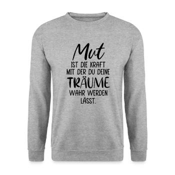 MUT KRAFT TRÄUME TAPFER SIEGER HELD KÄMPFER ZIEL - Unisex Pullover - Weißgrau meliert - Vorne - Alina (178cm) & Michal (187cm)