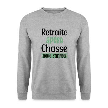 Retraite apéro chasse cadeau homme chasseur humour - Sweat-shirt Unisexe - gris chiné - Devant - Alina (178cm) & Michal (187cm)