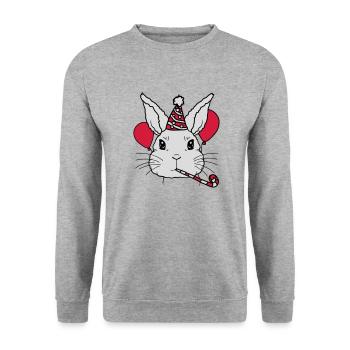 Geburtstagskind Hase Tröte Partyhut - Unisex Pullover - Weißgrau meliert - Vorne - Alina (178cm) & Michal (187cm)