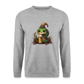 Lustige coole Schlange mit Bier und Hut - Unisex Pullover - Weißgrau meliert - Vorne - Alina (178cm) & Michal (187cm)