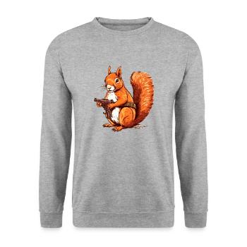 Wehrhaftes Eichhörnchen bewaffnet als Actionheld - Unisex Pullover - Weißgrau meliert - Vorne - Alina (178cm) & Michal (187cm)