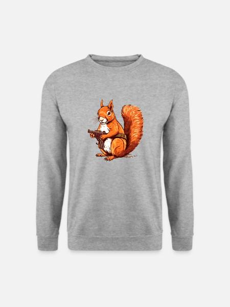 Wehrhaftes Eichhörnchen bewaffnet als Actionheld - Unisex Pullover - Weißgrau meliert