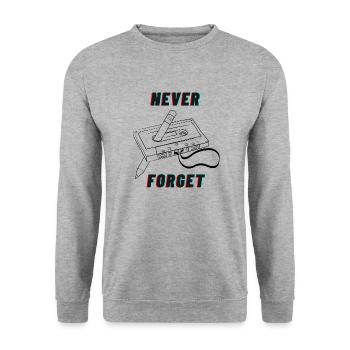 Never Forget Kassette mit Stift aufwickeln - Unisex Pullover - Weißgrau meliert - Vorne - Alina (178cm) & Michal (187cm)