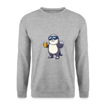 Robbe Tier Apres Ski Bier Comic - Unisex Pullover - Weißgrau meliert - Vorne - Alina (178cm) & Michal (187cm)