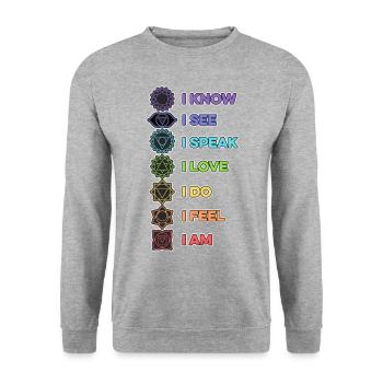 I Know I See I Speak I Love I Do I Feel I Am Media - Unisex Pullover - Weißgrau meliert - Vorne - Alina (178cm) & Michal (187cm)