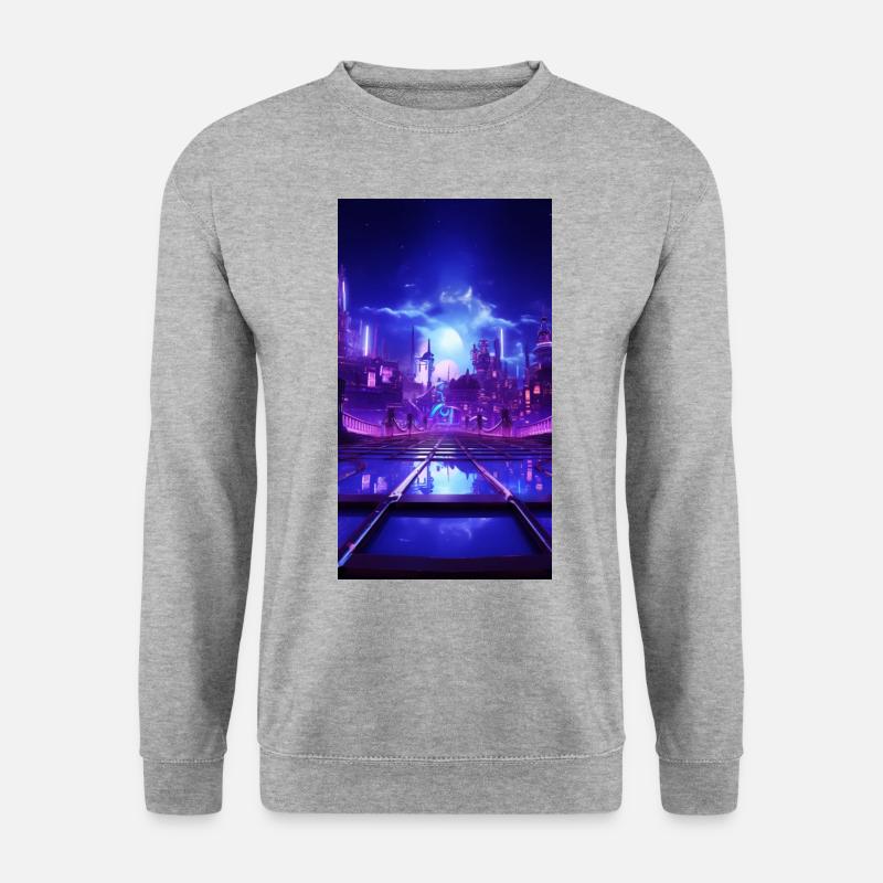 Lila dystopische Traumstadt - Unisex Pullover - Weißgrau meliert