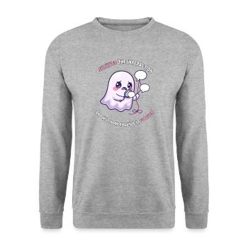 Ich habe die Interaktion überlebt – Angsthumor - Unisex Pullover - Weißgrau meliert - Vorne - Alina (178cm) & Michal (187cm)