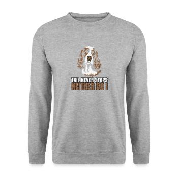English Springer Spaniel - Tail Never Stops Neithe - Unisex Pullover - Weißgrau meliert - Vorne - Alina (178cm) & Michal (187cm)