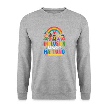 INKLUSION BRAUCHT HALTUNG – Regenbogen Schulteam - Unisex Pullover - Weißgrau meliert - Vorne - Alina (178cm) & Michal (187cm)