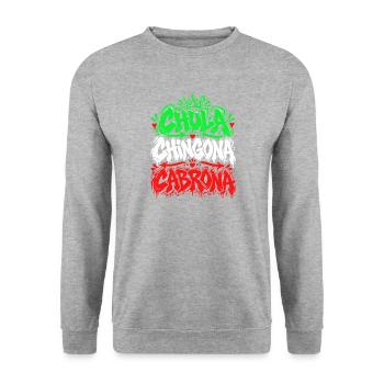 Chola Chingona Cabróna Graffiti - Unisex Pullover - Weißgrau meliert - Vorne - Alina (178cm) & Michal (187cm)