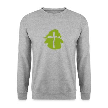 Kreuz Bibelvers Christlich - Unisex Pullover - Weißgrau meliert - Vorne - Alina (178cm) & Michal (187cm)