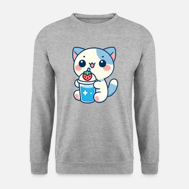 Kawaii Erdbeer-Katze - Unisex Pullover - Weißgrau meliert
