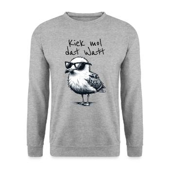 Kiek mol dat Watt Wattwanderer Möwe Spruch - Unisex Pullover - Weißgrau meliert - Vorne - Alina (178cm) & Michal (187cm)