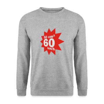50 ccm, 60 km/h - Unisex Pullover - Weißgrau meliert - Vorne - Alina (178cm) & Michal (187cm)